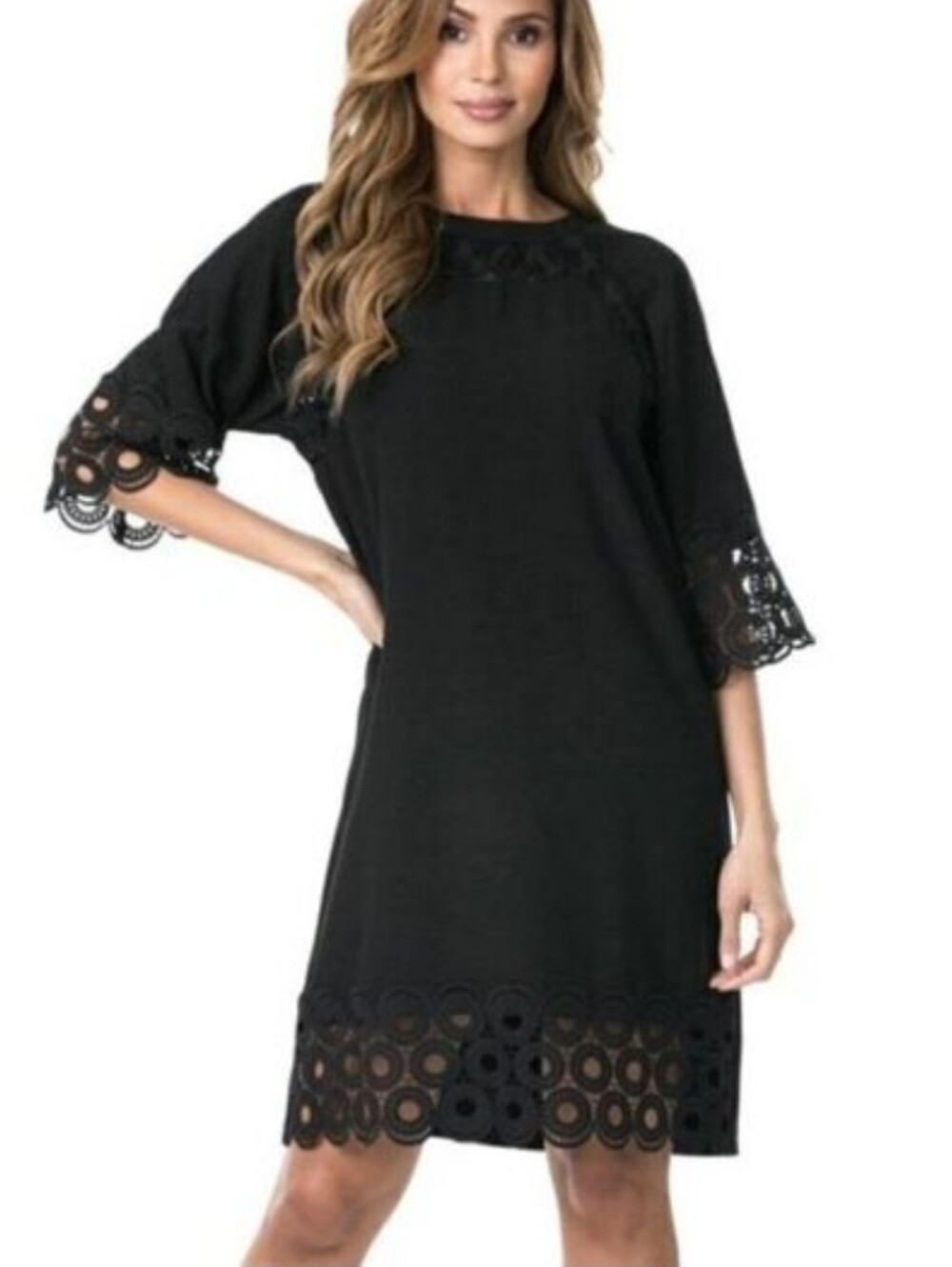 TRÏBE Classic Black Mid Length Dress with Lace Detail Size Medium NWT